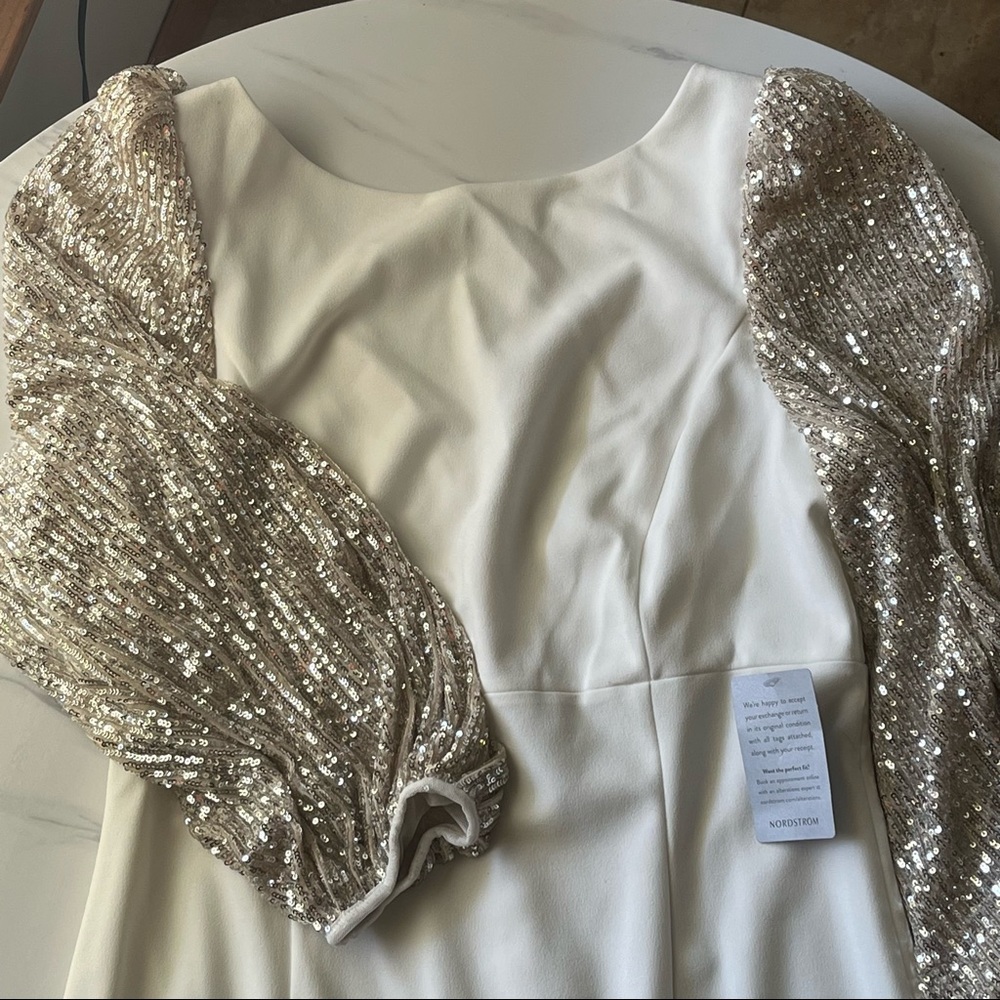 Formal White Dress with Sparkly Sequin Sleeves - 14